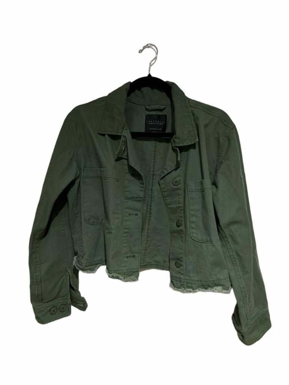 Sanctuary Olive Green Cropped Utility Denim Jacket with Frayed Hem